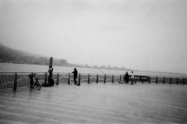 fishermen on a wet pier, rods leaning over the rail