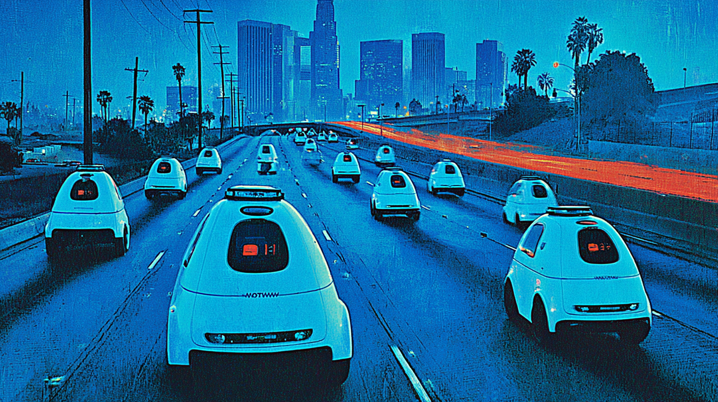 White autonomous cars moving along a Los Angeles freeway